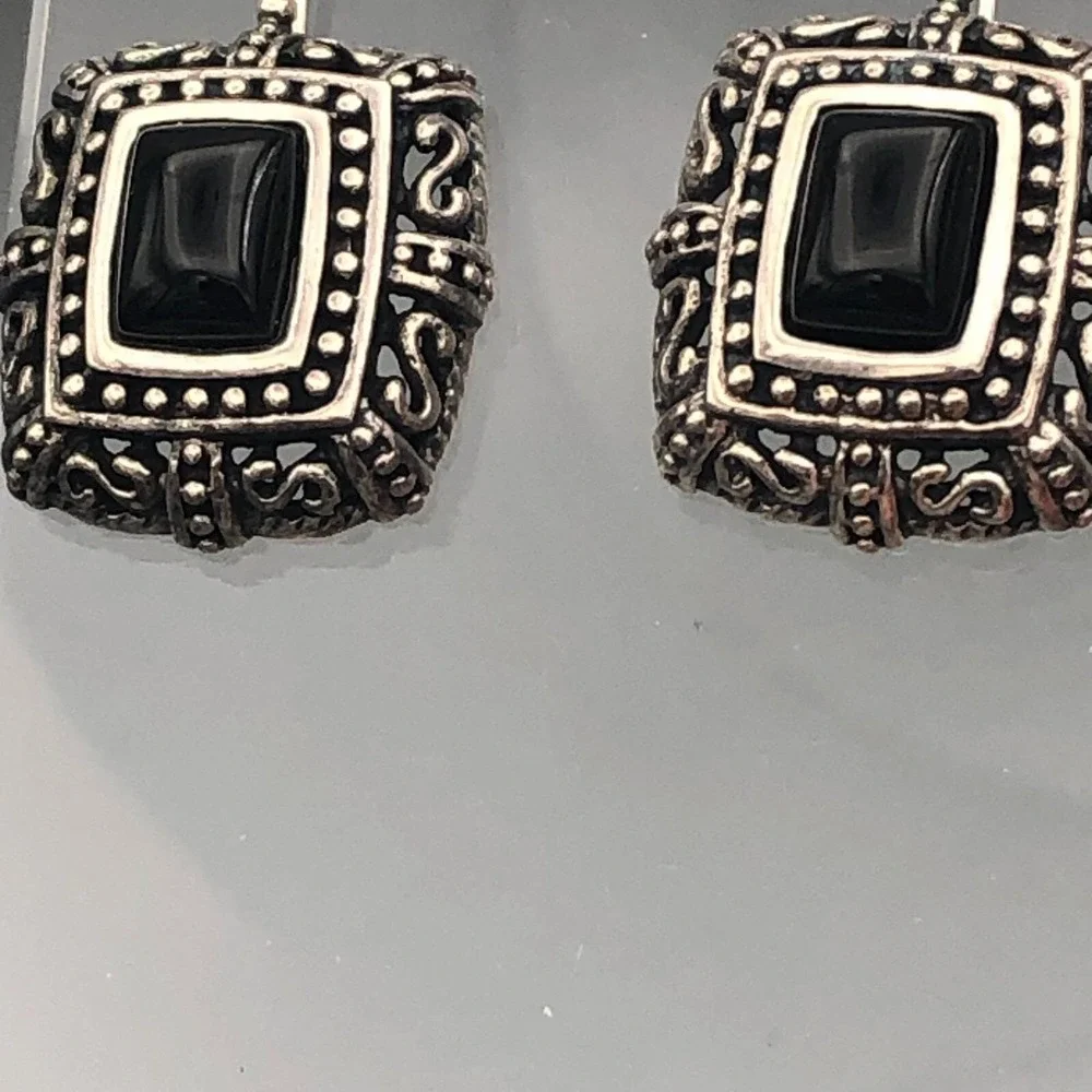 Vintage Byzantine Onyx Sterling Silver Earrings 925 Square Dangle Gothic Wire